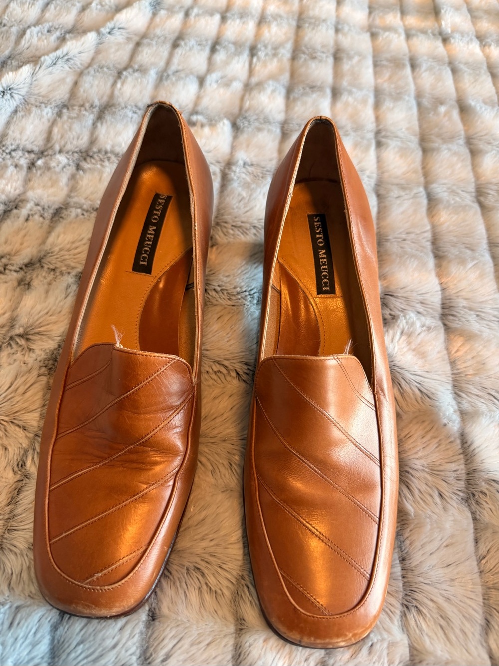 Sesto Meucci Leather Loafers Block Heels Brown/Camel Leather Woman's Size 8
